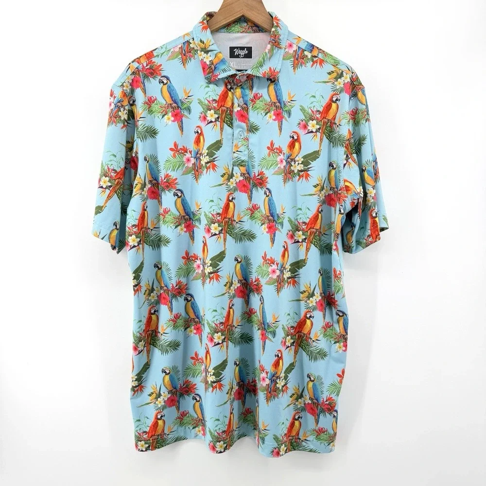 Waggle Polo Shirt Mens XL Blue Parrots Floral Print Stretch Performance Golf - Picture 2 of 9